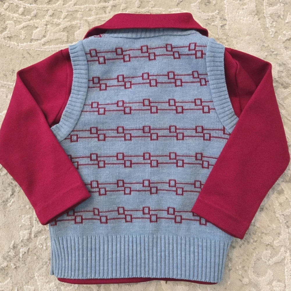 Vintage Maroon Red Collared Shirt and Pastel Blue Patterned Sweater Vest